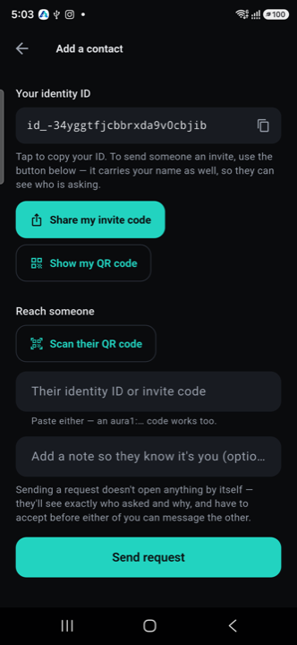 Add a contact screen with invite code, QR code, and send request