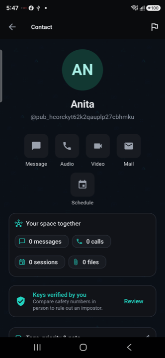 Contact profile with Message, Audio, Video, Mail, and Schedule actions
