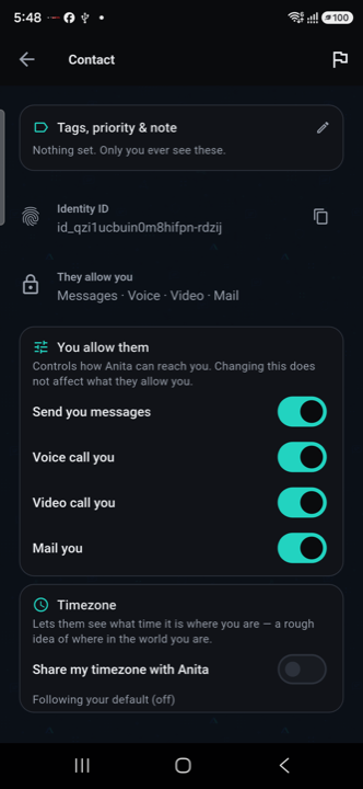 Per-contact permission toggles for messages, voice, video, and mail