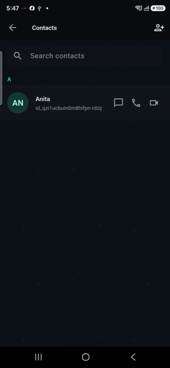 Contacts list with a connected contact and message, call, and video icons