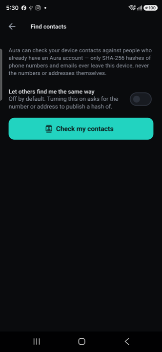 Find contacts screen offering to check device contacts by hash
