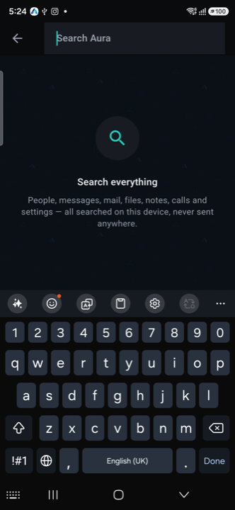 On-device search across people, messages, mail, files, notes, calls, and settings