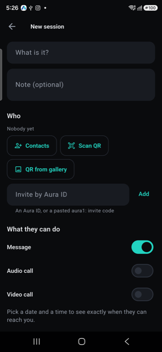 New session screen with who to invite and what they can do toggles