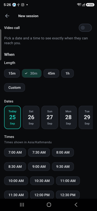 New session screen for picking a length, date, and time