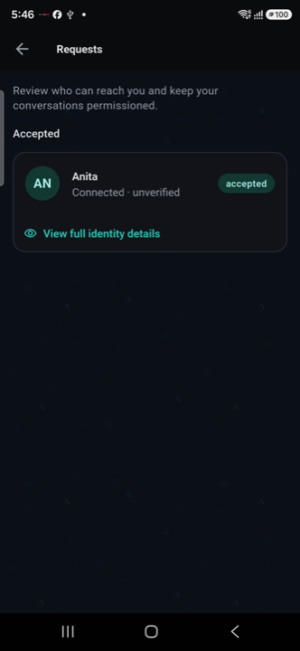 Requests screen showing an accepted contact request