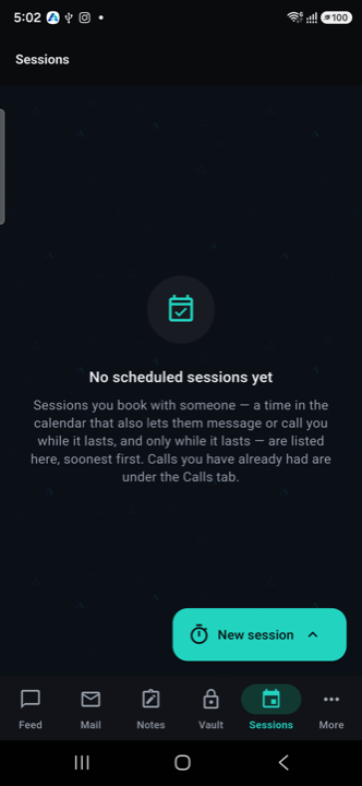 Empty Sessions tab with a New session button